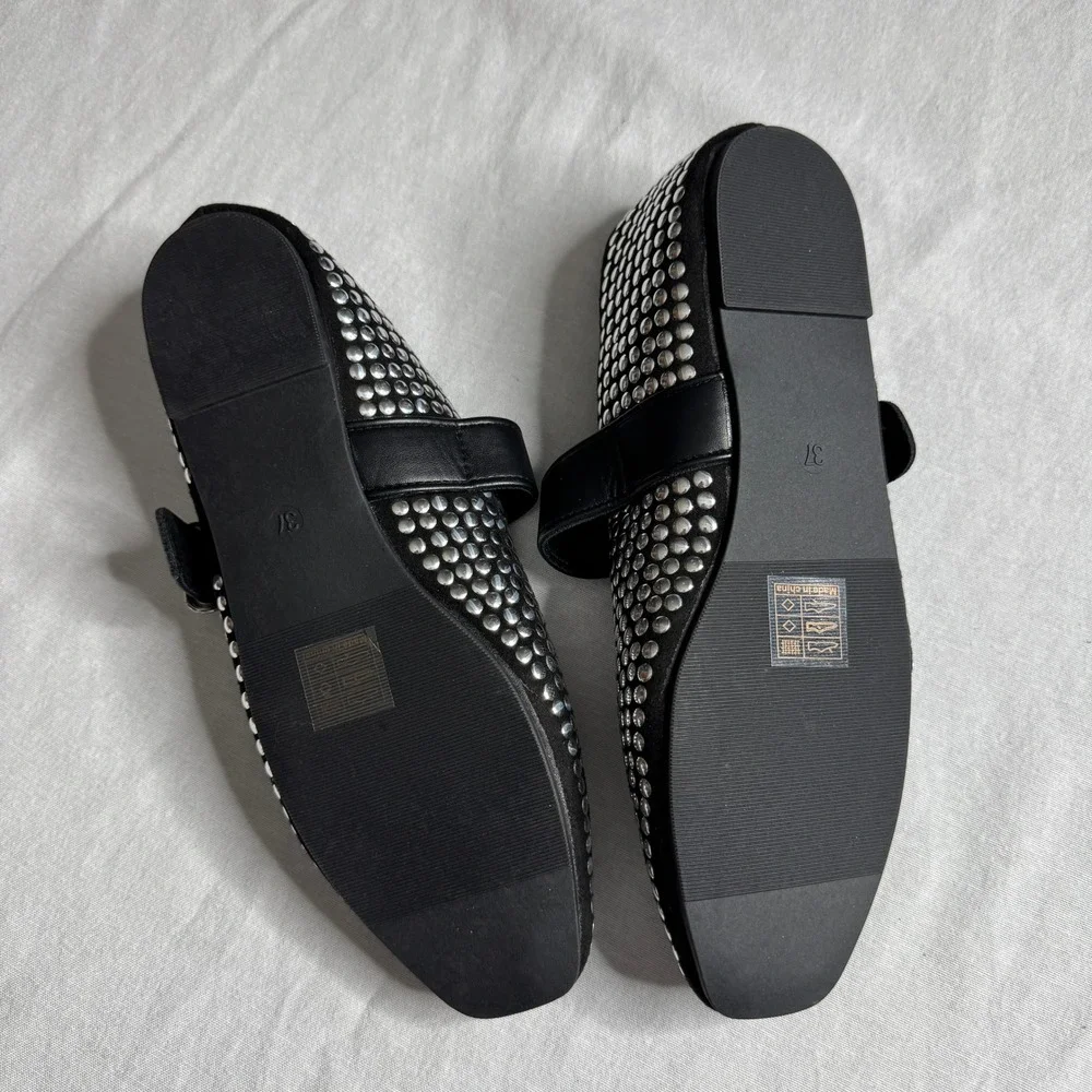 Studded Mary Jane Flats Black Silver Buckle Punk Ballerina Shoes Womens 37 6.5-7